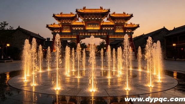 晶莹的水柱和庄重的古建形成动静对话